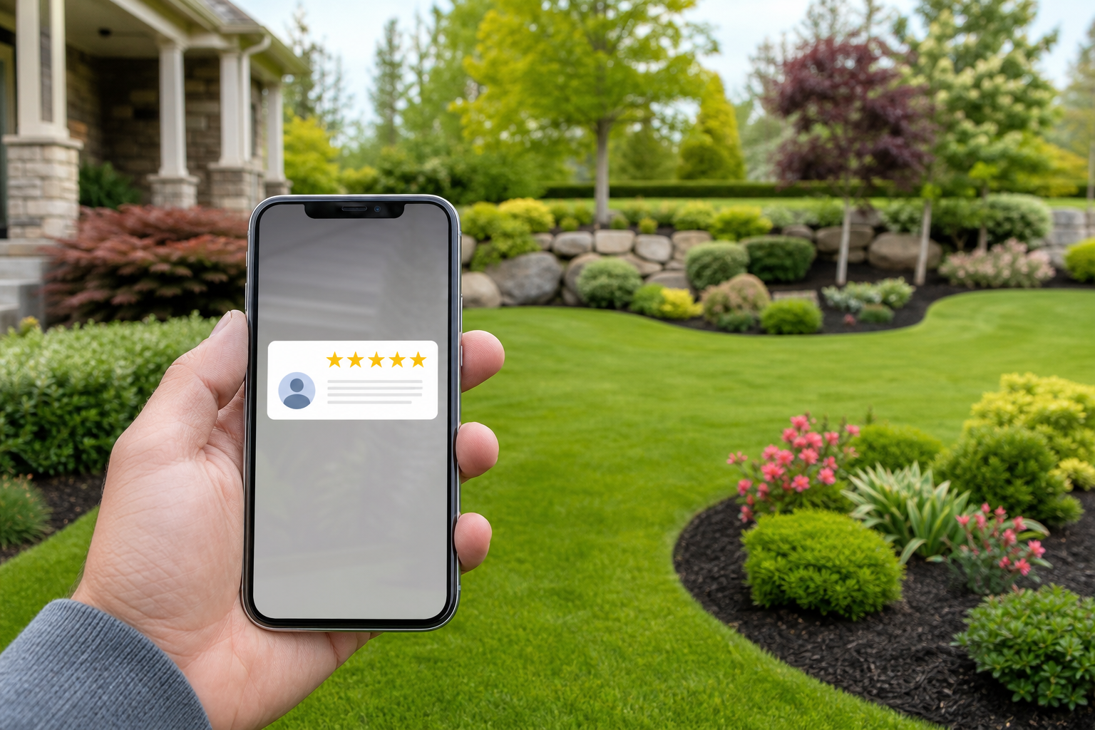 Landscaping project photo used in a local marketing campaign on a phone screen