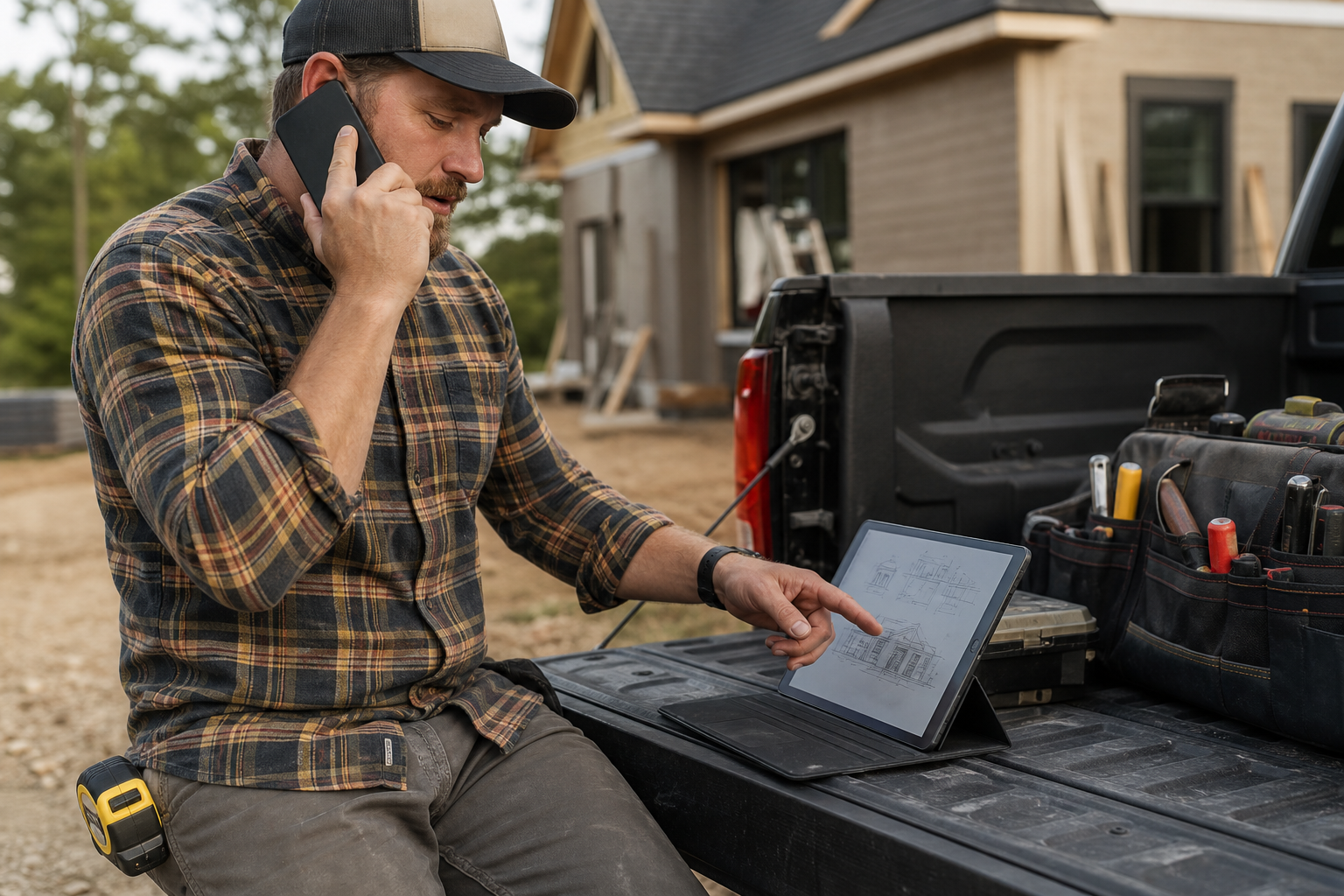 Contractor reviewing automated lead follow-up workflow on a tablet